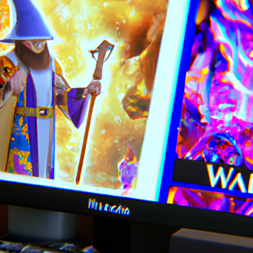 צילום מסך ממשחק וידאו פופולרי הכולל דמות קוסם, לצד תמונות של סחורה מתרבות הפופ